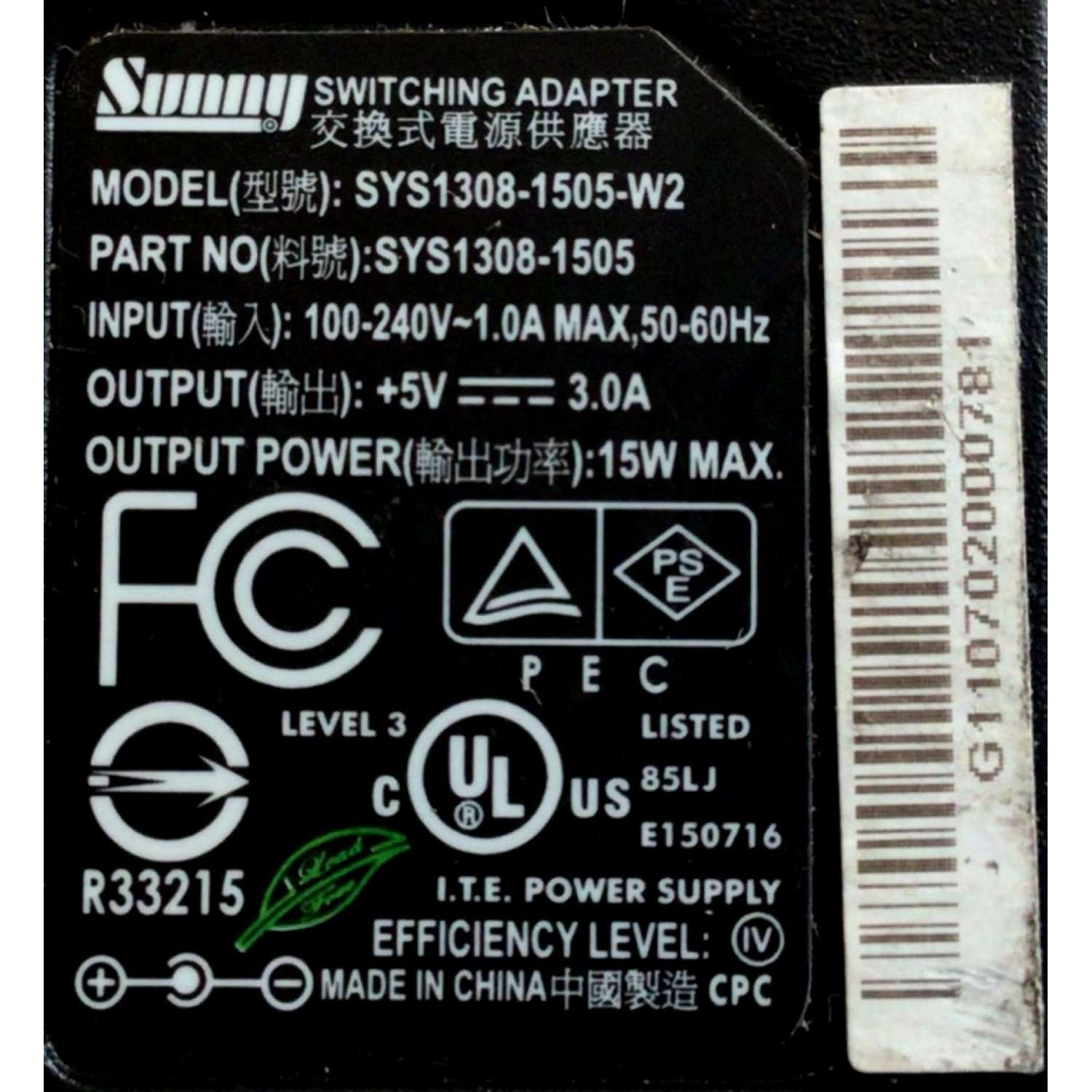 CARGADOR / ADAPTADOR DE FUENTE DE ALIMENTACION SUNNY  VCA-VCD / NUMERO DE PARTE SYS1308-1505 / ENTRADA VCA 100-240V~ 1.0A MAX,50-60HZ / SALIDA VCD 5V 3.0A / MODELO SYS1308-1505-W2 - Imagen 2